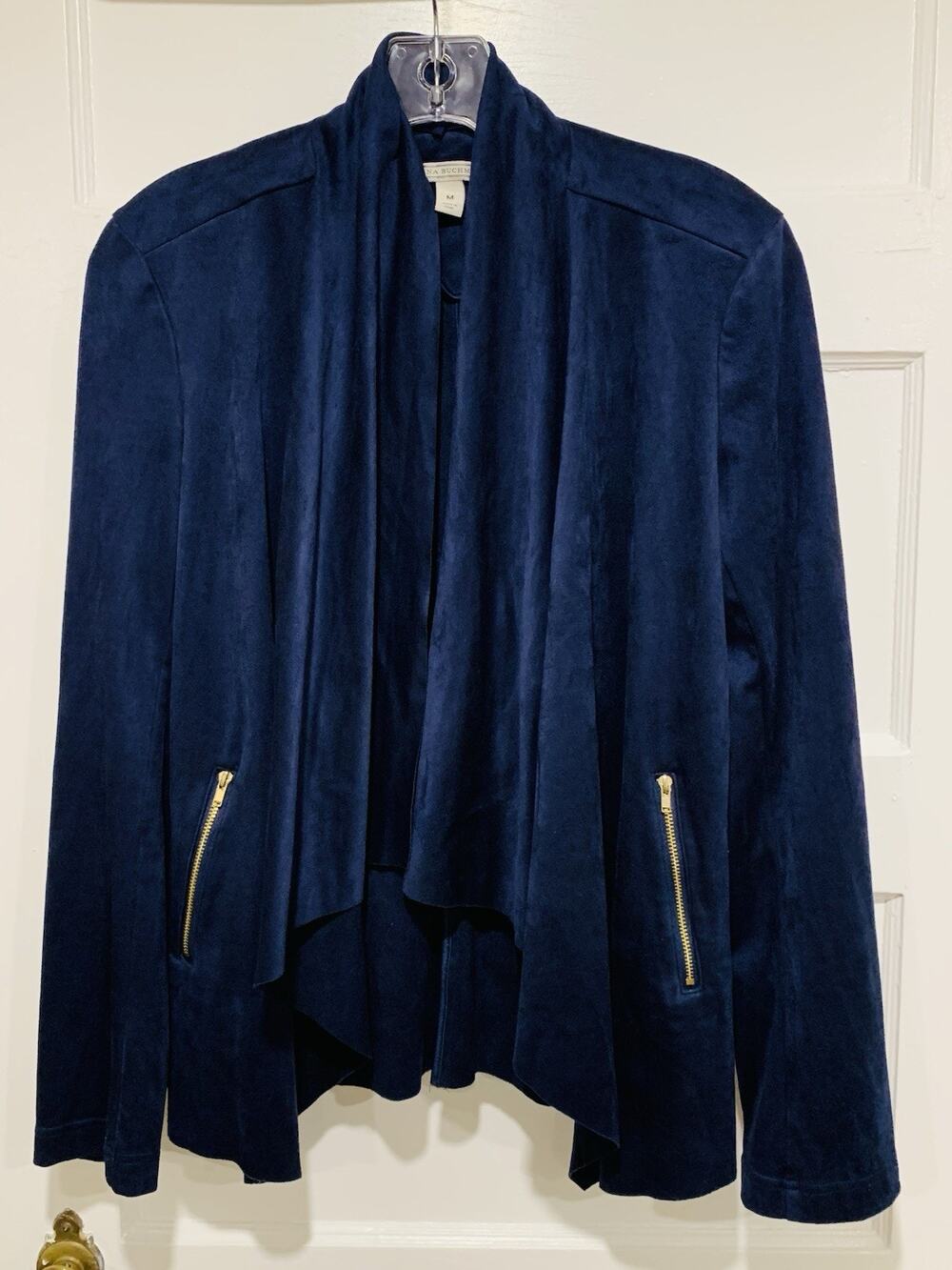 Dana Buchman Spring Jacket M Navy Blue Faux Suede Drape Open brass Zip Pockets